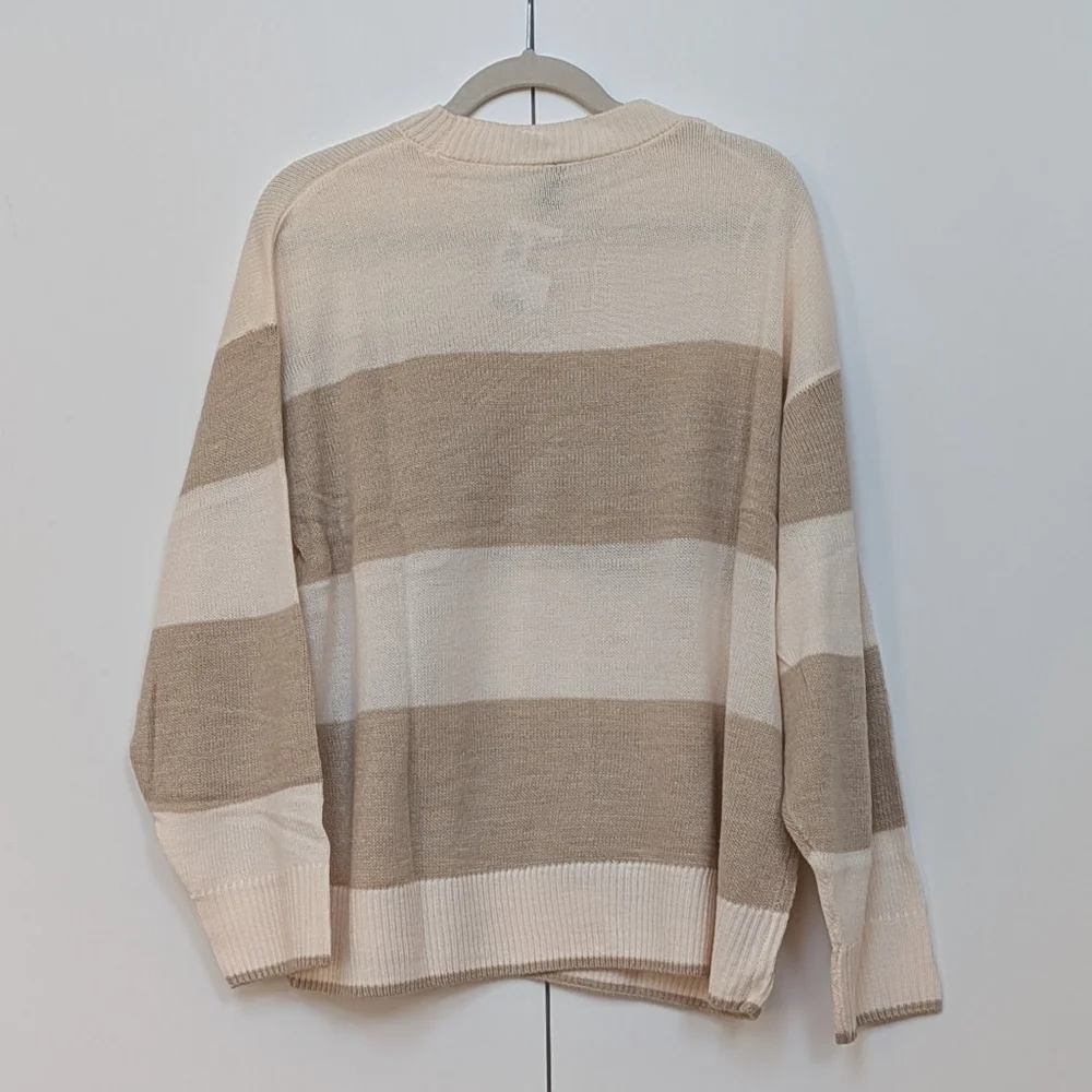 H&M NWT Women's Beige and Cream Striped Sweater - Picture 2 of 8